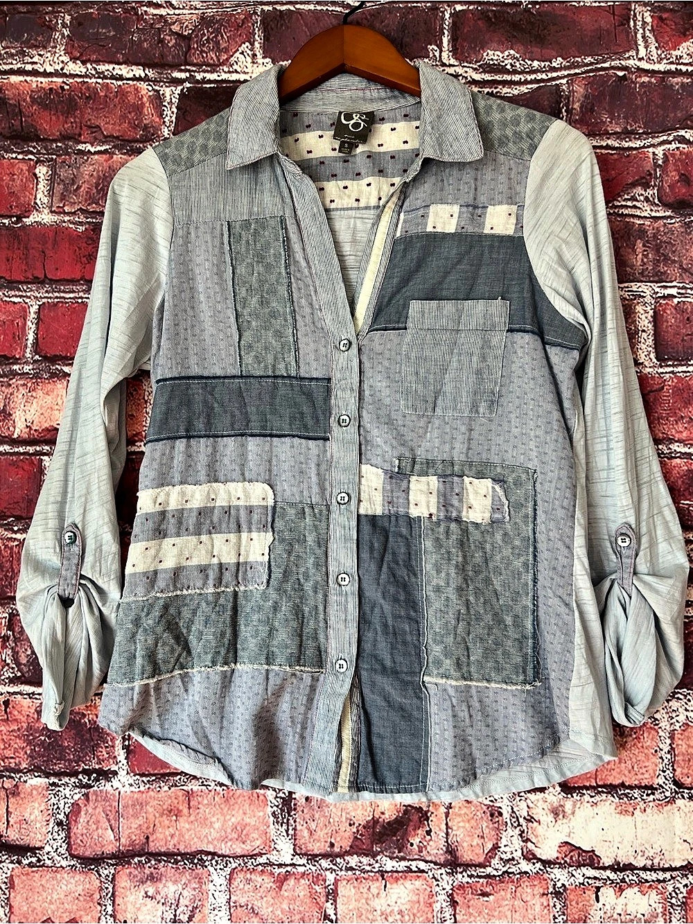 One September Anthropologie Patchwork Mixed Pattern Roll Tab Shirt S